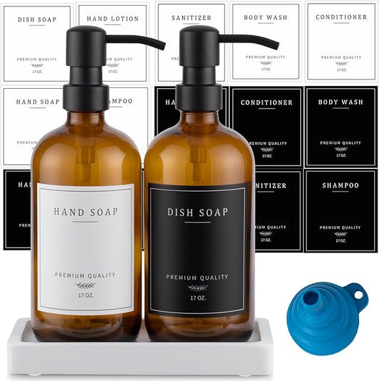 Thick Glass Soap Dispenser - Kitchen Dish Hand Soap Dispenser Set, Rustproof Pump Soap Lotion Dispenser Bathroom with Tray,14 Stickers for Kitchen Decor Amber Bottle/Black Pump