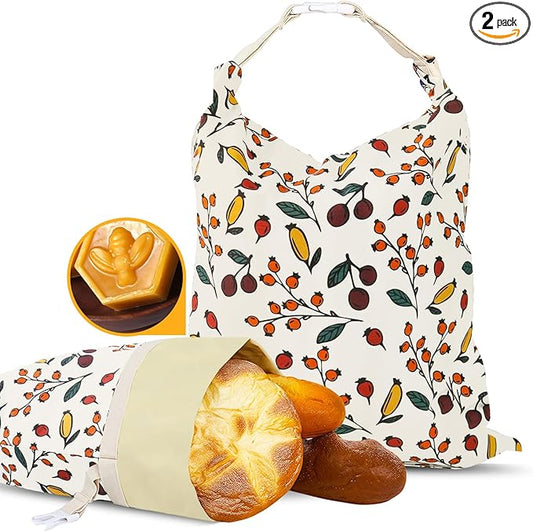 2 Pack Beeswax Bread Bags - 17x13 Inch Reusable Bread Storage Bags,Bees Wax Lined Bread Bags for Home Cooks fresh bread storage Easy Clean (Berry orange)