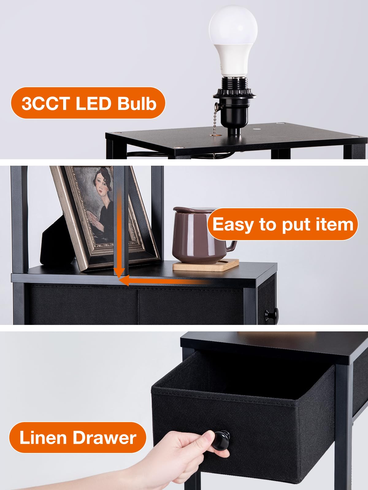 addlon Floor lamp with 2 USB, 1 Outlet and Drawer, 3 Color Temperatures LED Bulb (9W), Sofa lamp with White lampshade, Display Floor lamp with Shelves for Living Room, Bedroom and Office - Black
