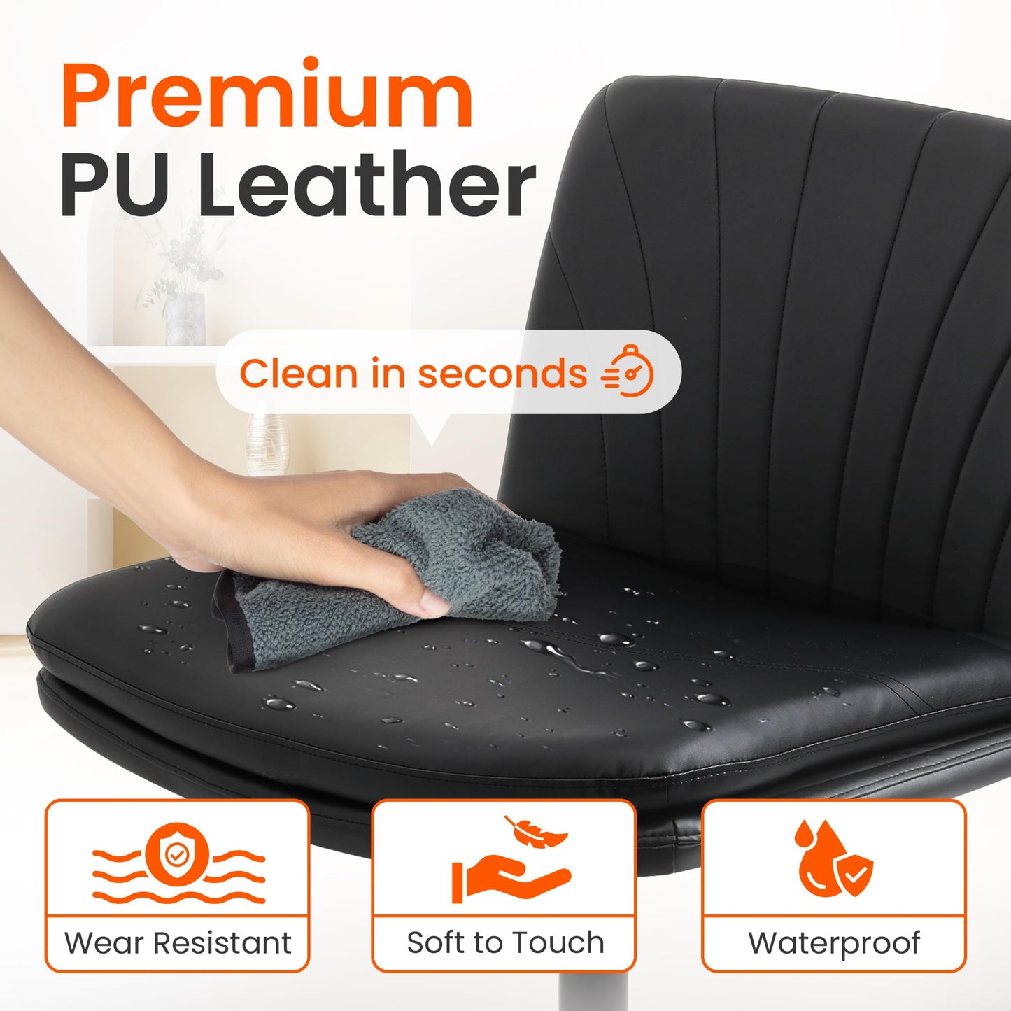 Orange Factory Criss Cross Chair with Wheels Comfy Wide Vanity Desk Chair Dual Base Leather Armless Adjustable Swivel for Home Computer Task (Black)