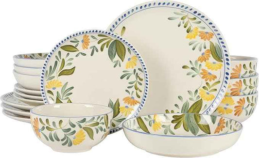 Bloomhouse - Two Time Oprah's Favorite Things Winner - Posy Blossom Double Bowl Hand Painted Stoneware Plates and Bowls Floral Dinnerware Set, Service for Four (16pcs)