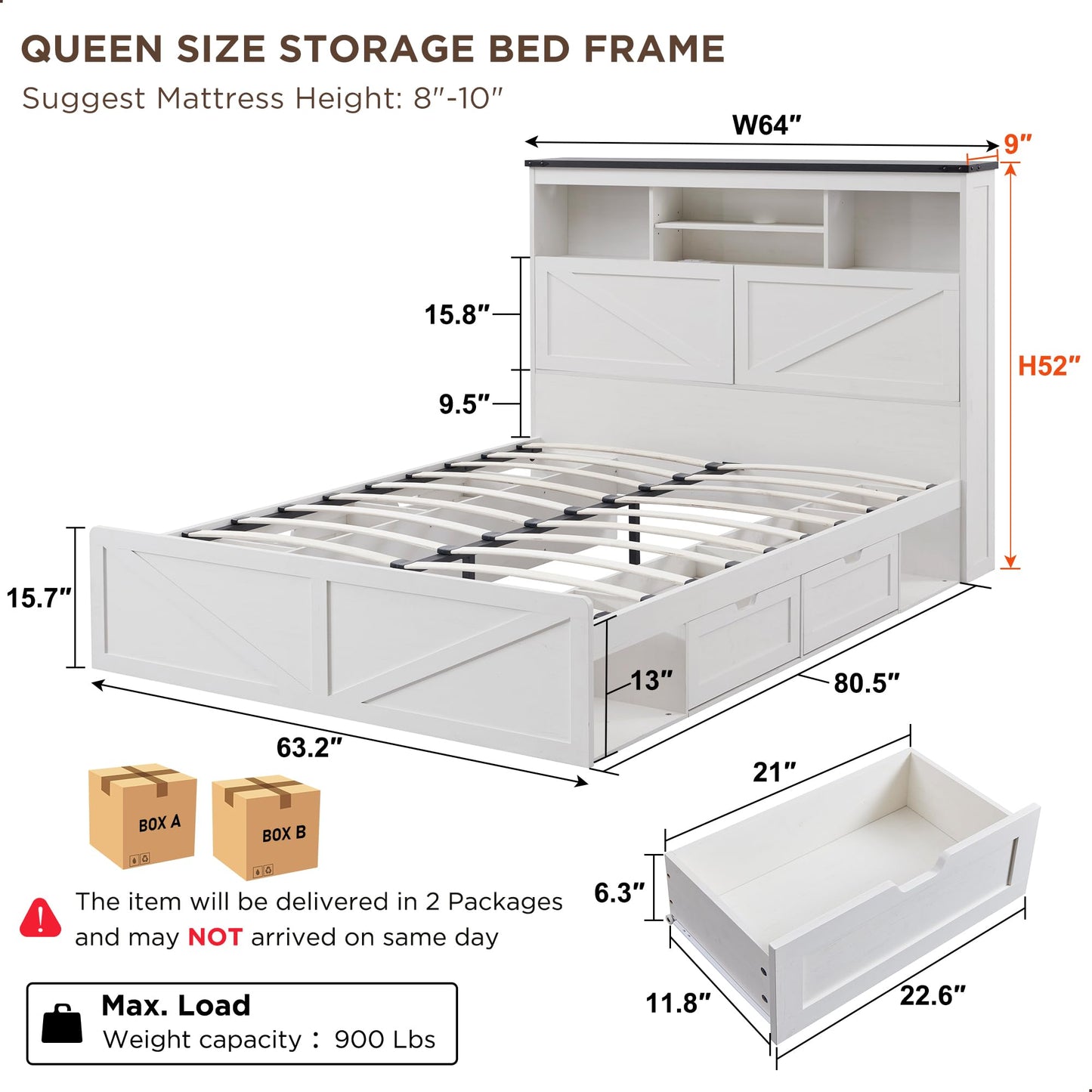 ACCOHOHO Farmhouse Queen Size Wood Bed Frame with 52" Tall Storage Headboard and 4 Drawers,LED Light,Charging Station,Solid Wood Slats Support,Noiseless,No Box Spring Needed,Antique White
