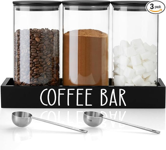 Glass Coffee Canister for Ground Coffee - 3Pcs 45oz Coffee and Sugar Container Set with Airtight Bamboo Lids and Black Tray - Farmhouse Coffee Bean Storage Jars for Coffee Bar Decor and Accessories