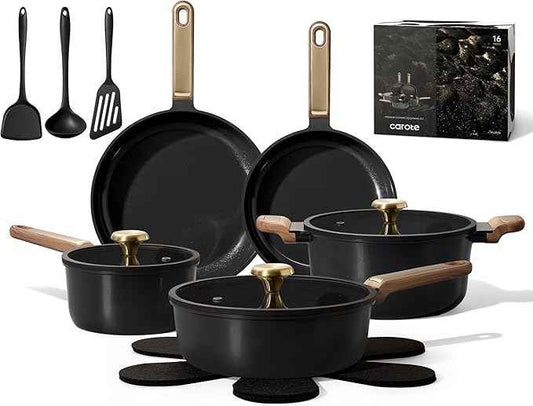 CAROTE Ceramic Cookware Set Nonstick, 16pcs Pots and Pans Set Nonstick, Non-Toxic & PFAS-Free, Dishwasher, RV/Camping Cookware Set, Cooking Pots with Lids, Charcoal Black