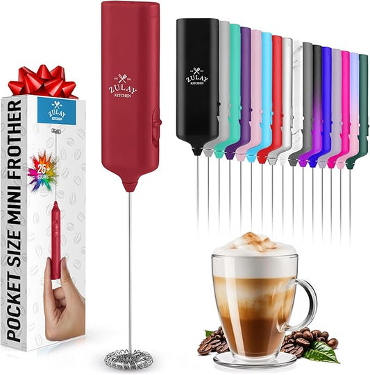 Mini & Mighty Milk Frother Wand – Powerful Handheld Coffee Frother, Battery Operated Drink Mixer – Compact Pocket Size – Detachable Whisk for Latte, Cappuccino, Matcha, Hot Chocolate – Cranberry