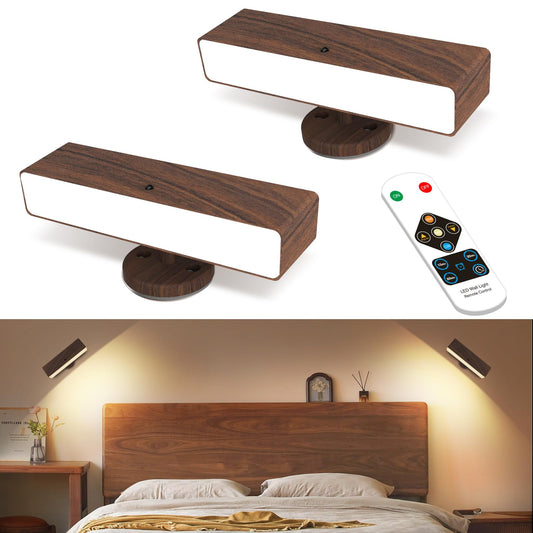 Battery Operated Wall Sconces Set of 2: Wireless Rechargeable Wall Light with Remote&Button, 360° Rotate Magnetic Scone Lighting LED Wall Mount Sconce Lamp for Bedroom Bedside Reading, Wood