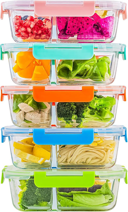 C CREST 5-Pack,3 Compartment Glass Meal Prep Containers Set,34oz, Divided Glass Food Storage Containers with Lids, Glass Lunch Box with Dividers