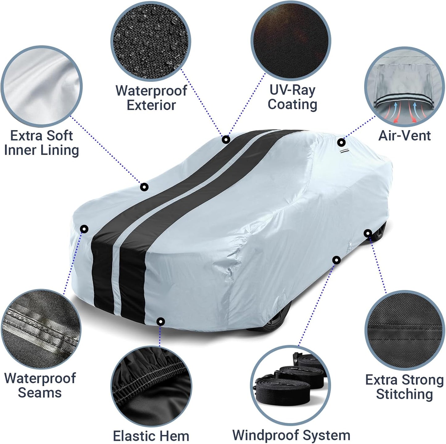 iCarCover Custom Car Cover for Buick Riviera (1966-1970) Waterproof All-Weather Rain Snow UV Sun Protector Full Exterior Indoor Outdoor Car Cover (Stripe - Gray/Black)