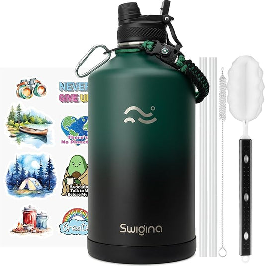 Swigina Insulated Water Bottle with Silicone Boot (36hrs Cold/18hrs Hot) - DIY Stickers, [2-in-1 Lid], BPA Free, 128 oz