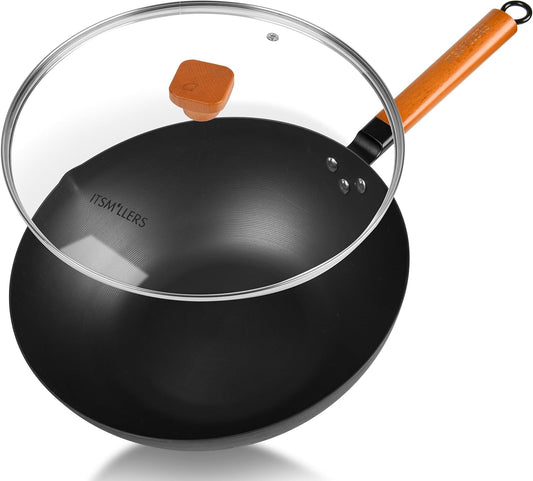 12.5-Inch Carbon Steel Wok with Lid – Pre-Seasoned Flat Bottom Stir-Fry Pan, Nonstick Wok for Induction, Gas, Electric & All Stovetops – Chinese Wok with Glass Lid