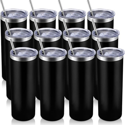 Volhoply 12 Pack Skinny Tumblers with Lid and Straw, 20oz Stainless Steel Straight Tumbler Bulk, Vacuum Insulated Coffee Mug for Home, Office, Travel, DIY (Black,12 Pack)