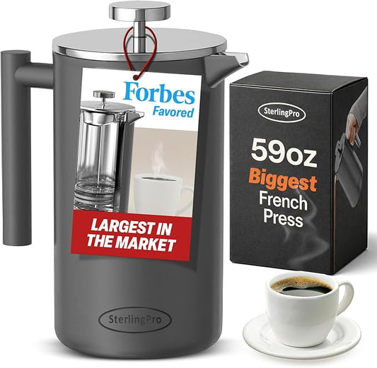 SterlingPro Stainless Steel French Press Coffee Maker 1.75 L (59 oz) Grey – Double Walled Insulated Extra Large French Press, Durable Design Keeps Drinks Hot, Easy to Use and Clean for Rich Flavor