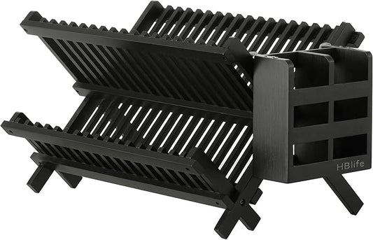 HBlife Dish Rack, Bamboo Folding 2-Tier Collapsible Drainer Dish Drying Rack with Utensils Flatware Holder Set (Dish Rack with Utensil Holder)