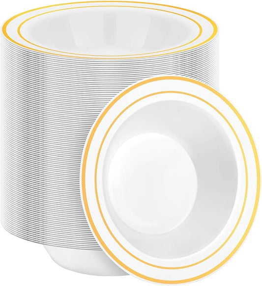 200 Pack Disposable Soup Bowls with Gold Rim, 12oz Premium Heavy Duty Plastic Dinner Bowls for Party, Wedding and Holiday