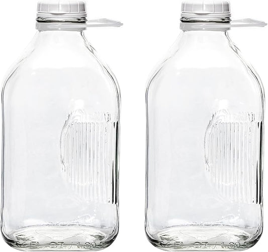 The Dairy Shoppe Glass Milk Bottle, Heavy Glass with 48 mm Extra Lid, Creamery Style (64 oz/2 pk, Half Gallon)