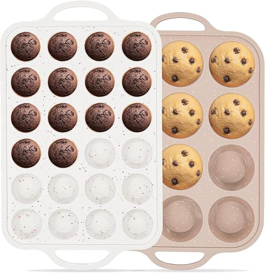 Vinino 2Packs Silicone Muffin Pans for Baking with Metal Reinforced Frame, 12 Cups Regular and 24 Cups Mini Nonstick Cupcake Pan, BPA Free Oven Dishwasher Safe Baking Mold for Muffins Cupcakes