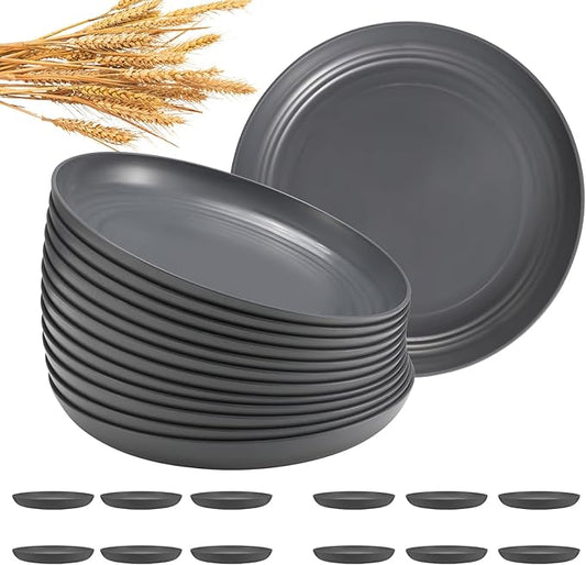 12 Pcs Unbreakable Deep Dinner Plates Set, 9 inch Reusable Plastic Wheat Straw Plates, Microwave and Dishwasher Safe Plate for Kitchen, Lightweight Plate for Dessert, BPA Free, Dark Gray