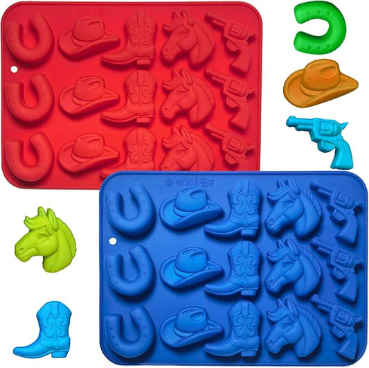 2Pcs Cowboy Chocolate Candy Molds - Cowboy Hat Boot, Horse Saddle Shape Silicone Candy Molds Western Themed Party Baking Mold Jello Ice Cube Candle Mold for Cupcake Cakesicle Decorations