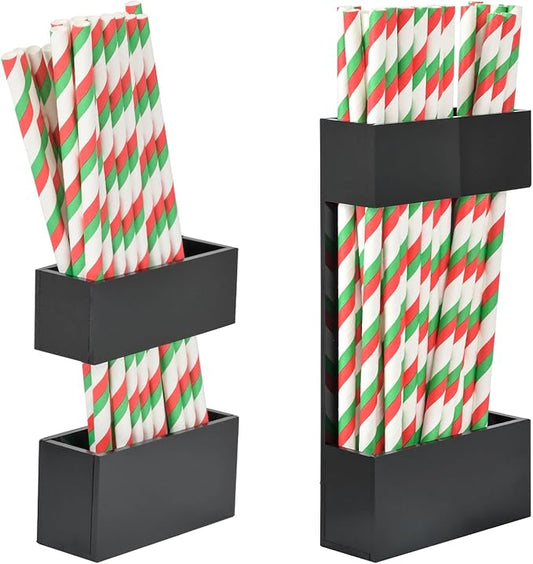 2 PACK Acrylic Straw Holder for Cabinet Doors, Reusable Straw Organizer with Ultra-Sticky Adhesive, Small Kitchen Accessories Container, Fits Both Short & Long Straws(Black)