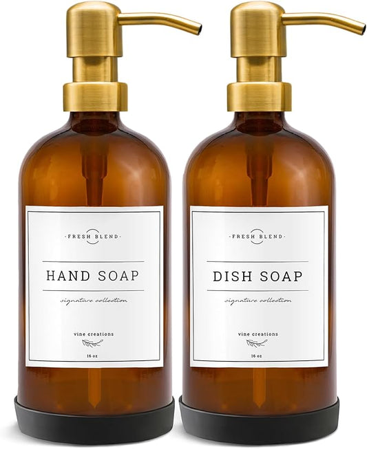 Vine Creations Amber Glass Soap Dispenser, 2 Pack Kitchen Soap Dispenser Set with Stainless Steel Pump, 16 oz Dish Soap and Hand Soap Dispensers for Bathroom with Waterproof Labels
