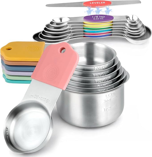 Magnetic Measuring Cups & Spoons Set, Strong N45 Magnets, Heavy Duty Stainless Steel Fits in Spice Jars for Baking & Cooking, BPA Free, Round Set of 15 with Leveler, Light Colorful