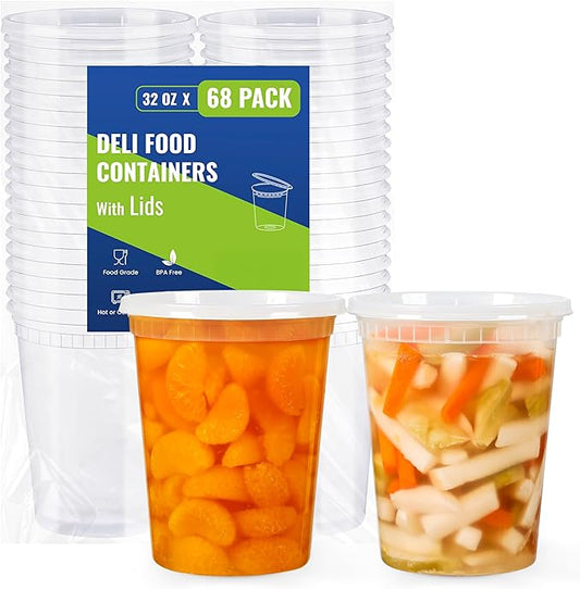 AOZITA 68 Sets 32 oz Plastic Deli Containers With Lids, Airtight Food Storage Containers, Freezer/Dishwasher/Microwave Safe, Takeout Meal Prep Storage