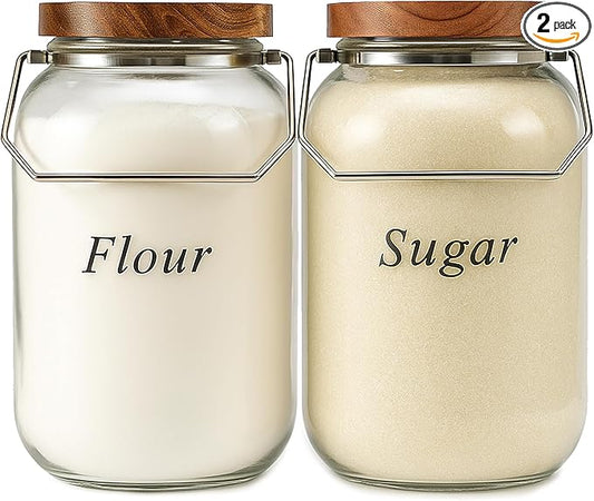 2 Pack Glass Flour Sugar Storage Containers with Handle, 1 Gallon Glass Jars with Airtight Lid, Wide Mouth Large Mason Jars 128oz for Rice, Pasta, Oats, Coffee Storage