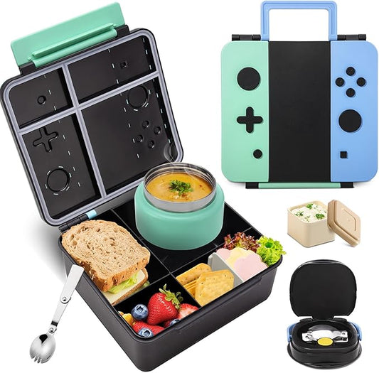Game Bento Box for Kids, Lunch Box with Thermo(9oz Food Jar), Folding Spoon, Removable Divider & Sauce Cup, Lunch Box Kids for School,Travel, BPA-Free & Realistic Shape(Blue-Green)