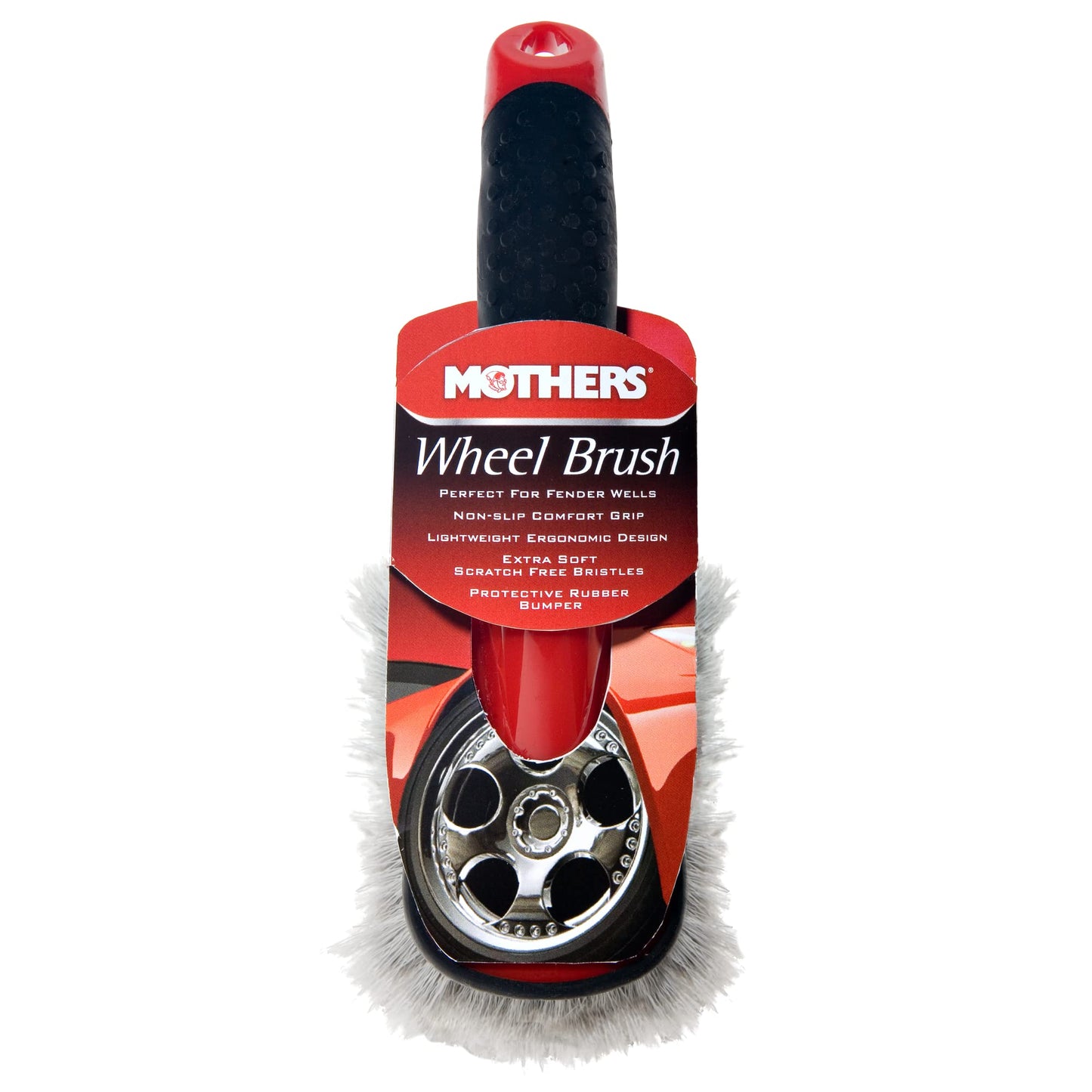 Mothers Car Wash Brush, Wheel and Fender Brush, Short Handle Tire Cleaner for Car Detailing, 10 Inch, Red/Black