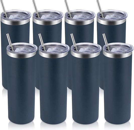 Volhoply 8 Pack Skinny Tumblers with Lid and Straw, 20oz Stainless Steel Straight Tumbler Bulk, Vacuum Insulated Coffee Mug for Home, Office, Travel, DIY (Navy,8 Pack)