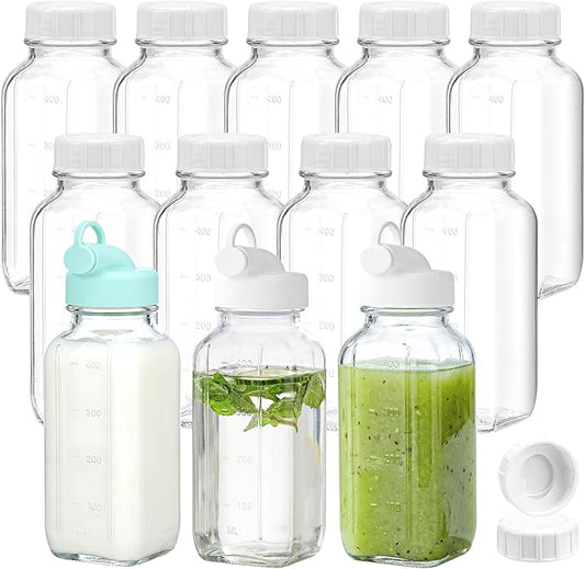 CUCUMI 12 Pack 16 Oz Glass Milk Bottles with Lids, Glass Juice Bottles with Scale & Silicone Pour Spout, Reusable Juice Containers Square Drinking Jars for Milk, Coffee, Smoothies, Water