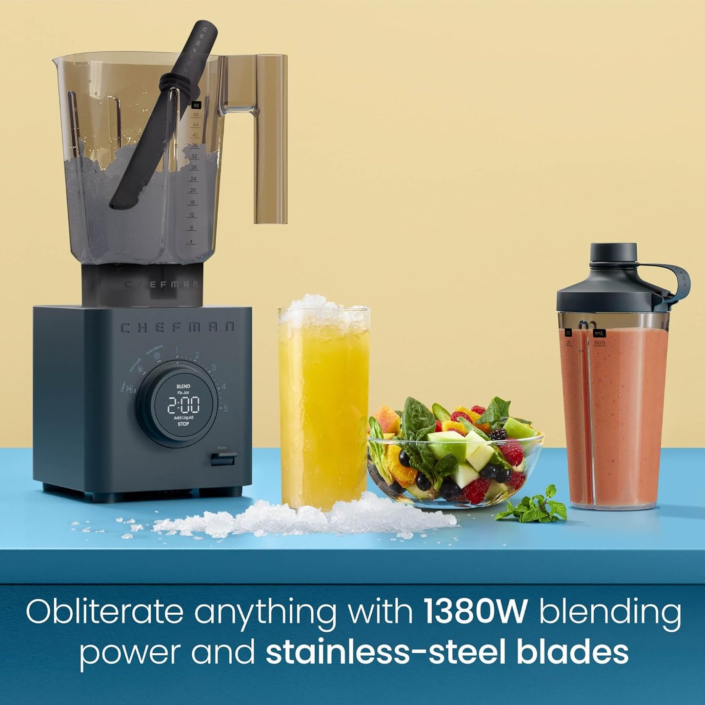 Chefman Obliterator 48 oz Countertop Blender for Smoothies, 1380W Motor to Crush Ice, Nuts, and Frozen Fruit with Stainless Steel Blade, Blender Pack Includes Two 20 oz. Travel Jars - Midnight