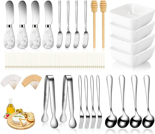 Charcuterie Board Accessories With 3 Oz Ceramic Dip Bowls, Ceramics Handle Silver Cheese Spreader Butter Knive Set Kit, Mini Tongs, Spoons, Forks,Honey Dipper, Cocktail Picks