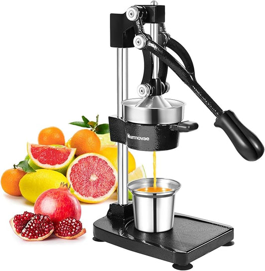 Cast Iron Juicer, 17"Tall & Sturdy Flat Base | Heavy-Duty Manual Hand Press Juicer For Orange Lemon Lime Pomegranate & Citrus, Orange Squeezer, Stainless Steel Cup, Easy to Clean, Black