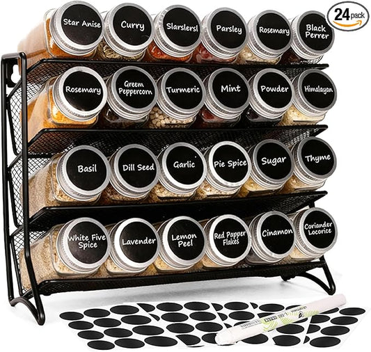 DIDITIME Spice Rack Organizer – 24 Glass Jars, 60 Labels & Marker, Space-Saving Kitchen Countertop, Cabinet & Wall Rack