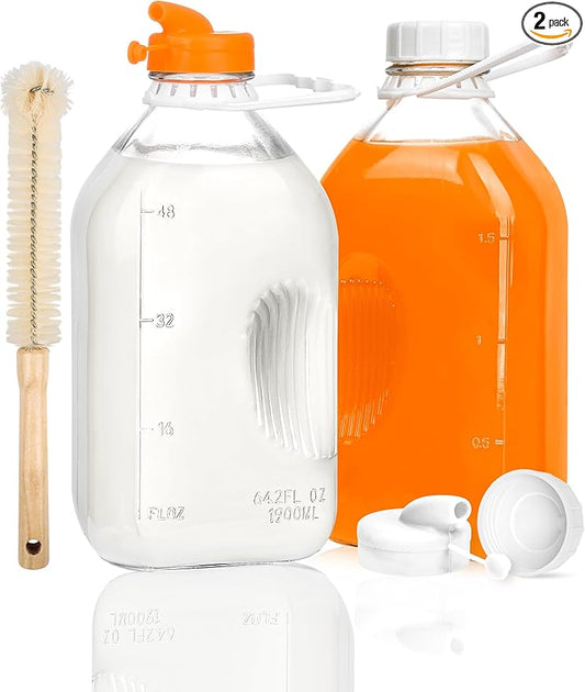 KMIGRUAN 2QT Heavy Duty Glass Milk Bottle with Lid,2Pack 64oz Glass Milk Jug with Reusable Airtight Screw Lid,Bottles for Juice,Water,Oat or Plant Milks