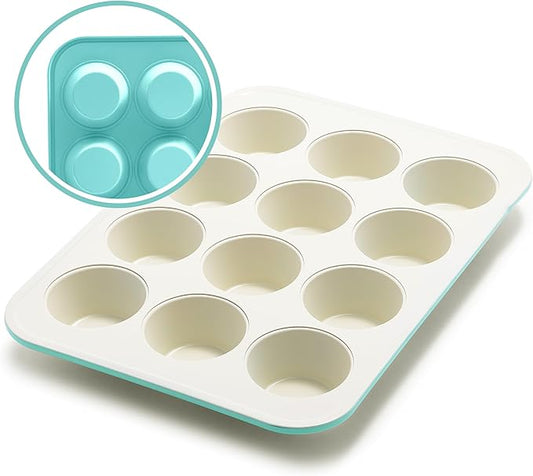 GreenLife 12-Cup Muffin Pan,PFAS-Free Healthy Nonstick Baking Tray,11.4" x 1.9" x 15.9",Durable Ceramic Bakeware,Cupcakes,Egg Bites,Tarts,Brownies,Turquoise,(Pack of 6)