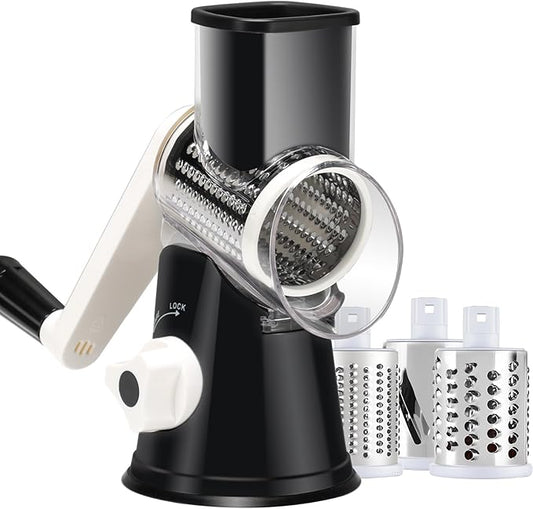 Cheese Grater Hand Crank, Rotary Vegetable Shredder with Handle and Strong Suction base, 3 in 1 Kitchen Speed Spin Veggie Slicer Nut Grinder for Pizza Top, Hash brown, Salad and More (Black)