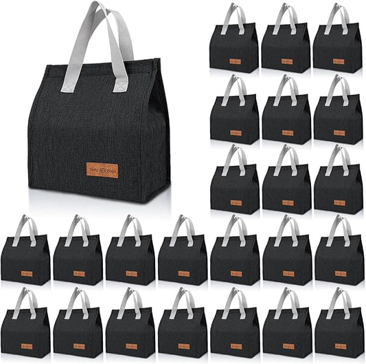 VZZNN 24 Pack Lunch Bags Bulk,Insulated Reusable Lunch Bags with Aluminum for Women Men,Leakproof Tote Large Lunch Box for Office,Work,Beach or Travel,Black