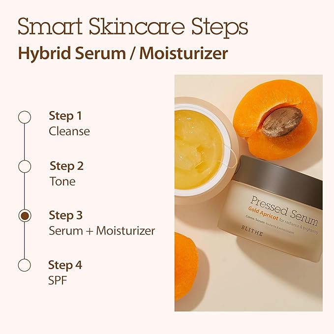 BLITHE Pressed Serum Glass Skin Korean Skincare 31.27% Apricot Extract & Niacinamide for Natural Glow, Hybride Serum & Moisturizer 0.91 fl oz