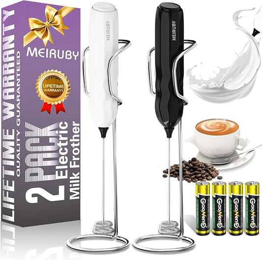 MEIRUBY 2-Pack Milk Frother Handheld with Stand, Valentines Day Gifts for Him and Her, Powerful Electric Coffee Frother, Coffee Lover Gift for Lattes, Cappuccino, Matcha & Hot Chocolate, Black/White