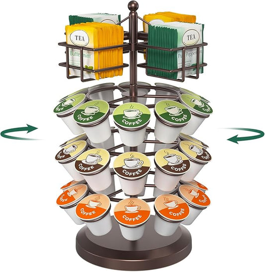 EsLuker.ly K Cup Holder Coffee Pod Organizer Carousel for Countertop, Rotatable Metal 4-Tier Storage Rack Stand for 30 K Cups & Tea Bags, Convenience Meets Elegance, Coffee Brown