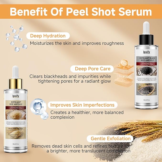 Peel Shot Glow Rice Ampoule, Black and White Rice Exfoliant for Face and Body, Rice Exfoliator for Faces Dead Skin Cells Remover, Face Peel Shot Serum for Softens Cuticle, 80ML (White Rice)