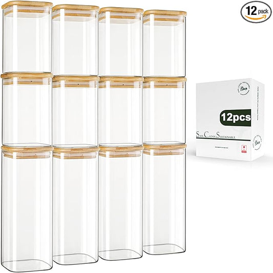 LIBWYS 12-Pack Square Glass Storage Jars with Bamboo Lids (0.6Qt/1.06Qt) - Stackable Food Containers for Pantry Organization, Coffee, Flour, Snacks, Tea | Kitchen Canisters Set