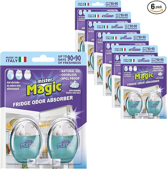 Mister Magic Refrigerator Odor Absorber – Baking Soda Formula Gel, Odorless Fridge Deodorizer, Neutralizes Food Odors, Lasts Up to 90 Days, Safe for Food, Kitchen Supplies (6 Pack, Contains 12 Units)