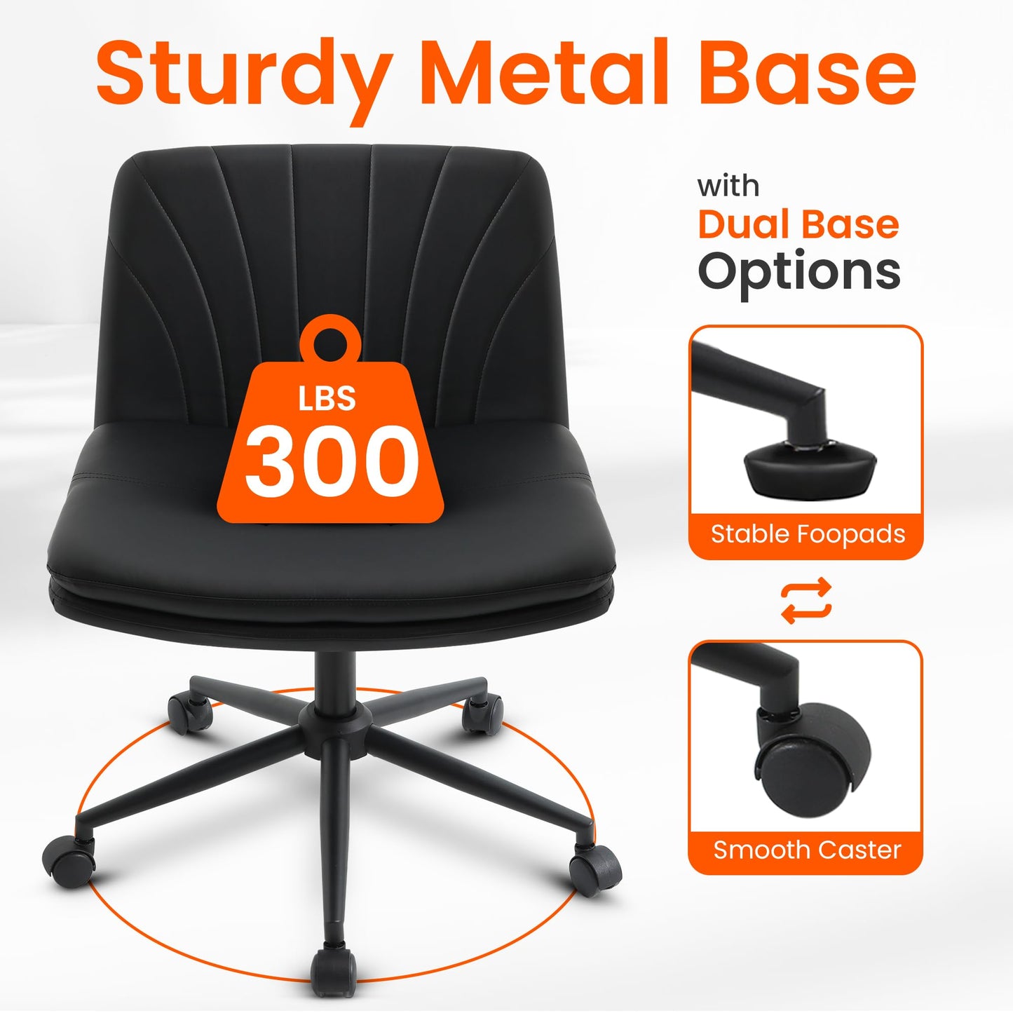 Orange Factory Criss Cross Chair with Wheels Comfy Wide Vanity Desk Chair Dual Base Leather Armless Adjustable Swivel for Home Computer Task (Black)