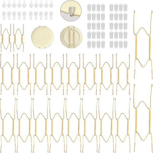 Bilillo 20 pcs Plate Hangers for The Wall, 4/6/8/10 Inch Invisible Decorative Wall Plates Hangers, Stainless Steel Plate Wall Holders for Display Various Sizes with Hooks for Decorative Gold