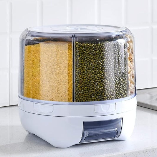 XIYAO 20Lbs large Grain dispenser 360°Rotating Rice Food Dispenser 6 Grids rice container rotatable Beans Containers Storage with Sealed lid for Peanut Barley Millet and Cereal