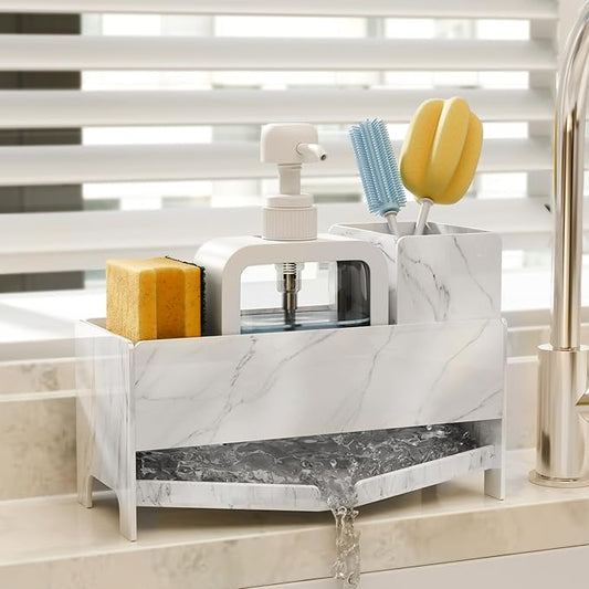 Sponge Holder for Kitchen Sink, Acrylic Sink Caddy Organizer with Removable Brush Holder, Countertop Soap Dispenser Organizer with Marble Texture, Kitchen Organizers Storage, White