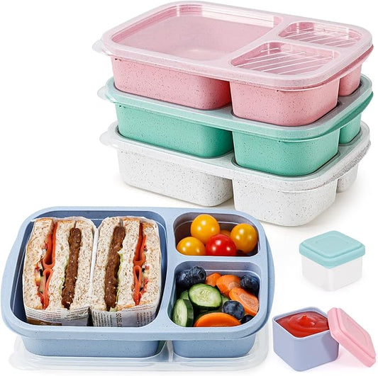 Caperci Wheat Straw Bento Lunch Box Containers for Adults & Kids - 3-Compartment Reusable Meal Prep Containers for School, Work, Travel, Set of 4 (Multicolor & Clear Lids)